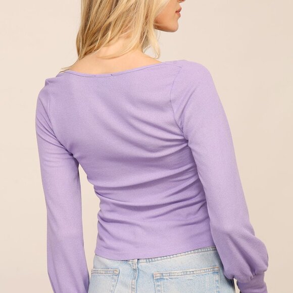 LUMIERE Lavender Square Neck Knit Top | Long Sleeve Fitted Blouse - Picture 2 of 6